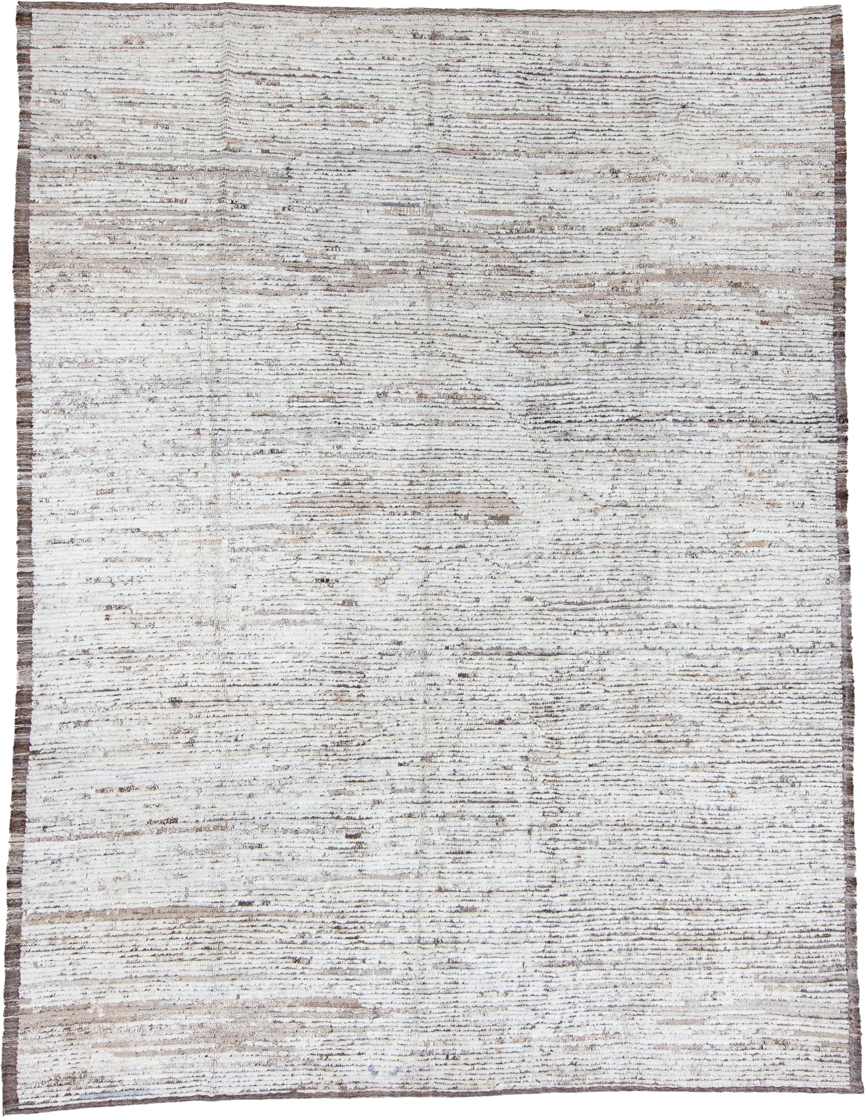 9' x 12' one-of-a-kind handmade vintage Tulu large size rug. Color palette: ivory, taupe, brown, gray, beige