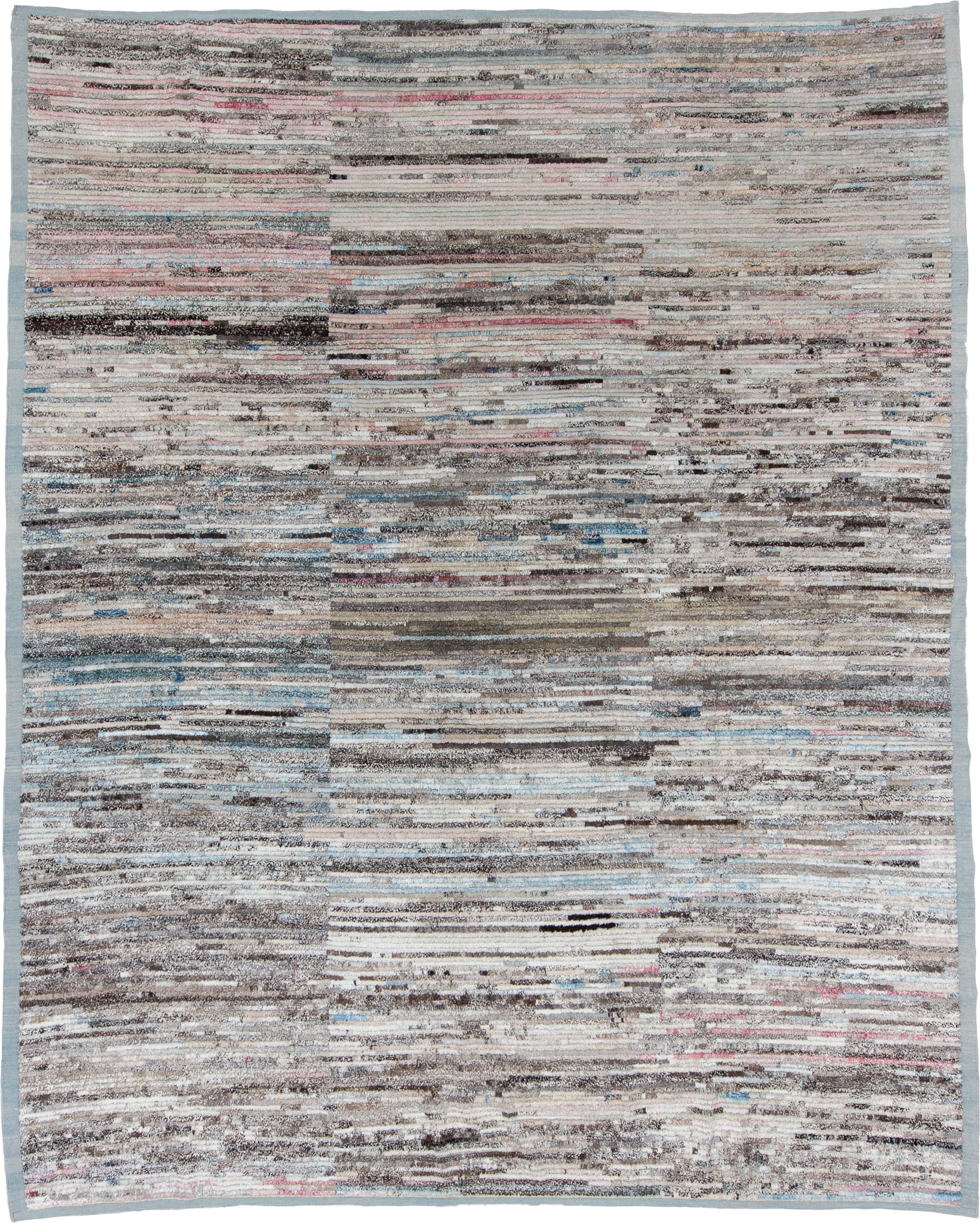 11' x 13' one-of-a-kind handmade vintage Tulu oversize rug. Color palette: ivory, taupe, charcoal, pale blue, blush, brown