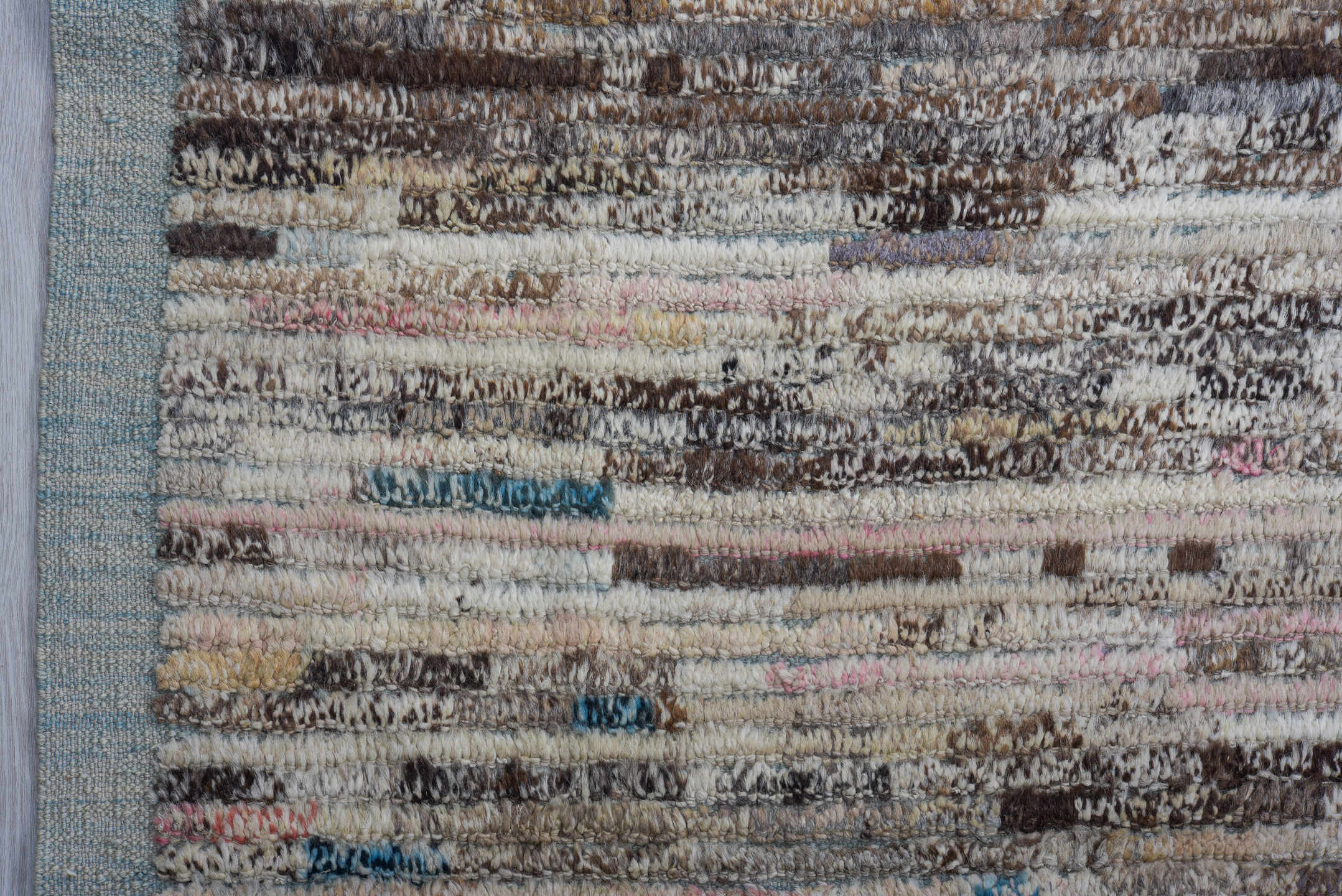 11' x 13' one-of-a-kind handmade vintage Tulu oversize rug. Color palette: ivory, taupe, charcoal, pale blue, blush, brown