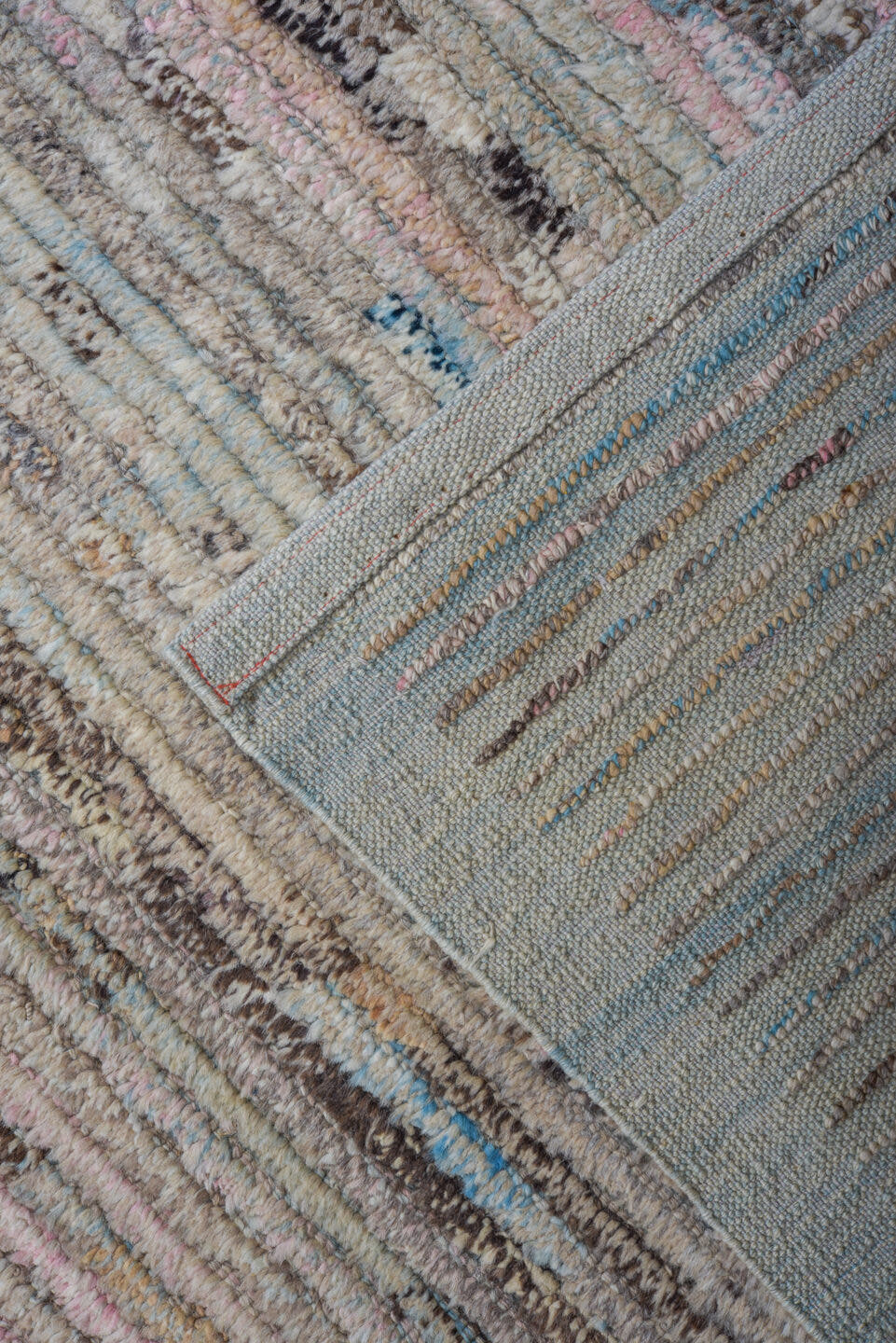 11' x 13' one-of-a-kind handmade vintage Tulu oversize rug. Color palette: ivory, taupe, charcoal, pale blue, blush, brown