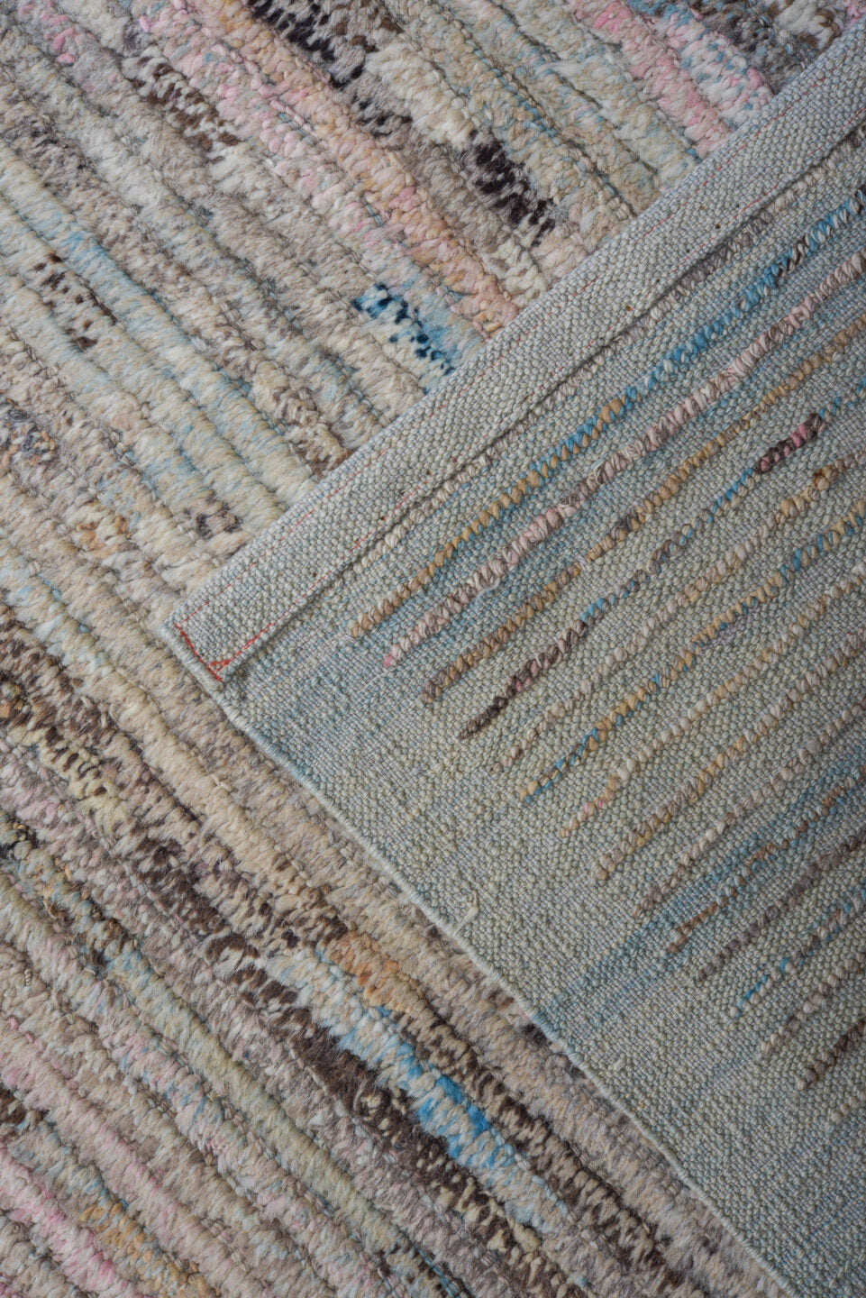 11' x 13' one-of-a-kind handmade vintage Tulu oversize rug. Color palette: ivory, taupe, charcoal, pale blue, blush, brown