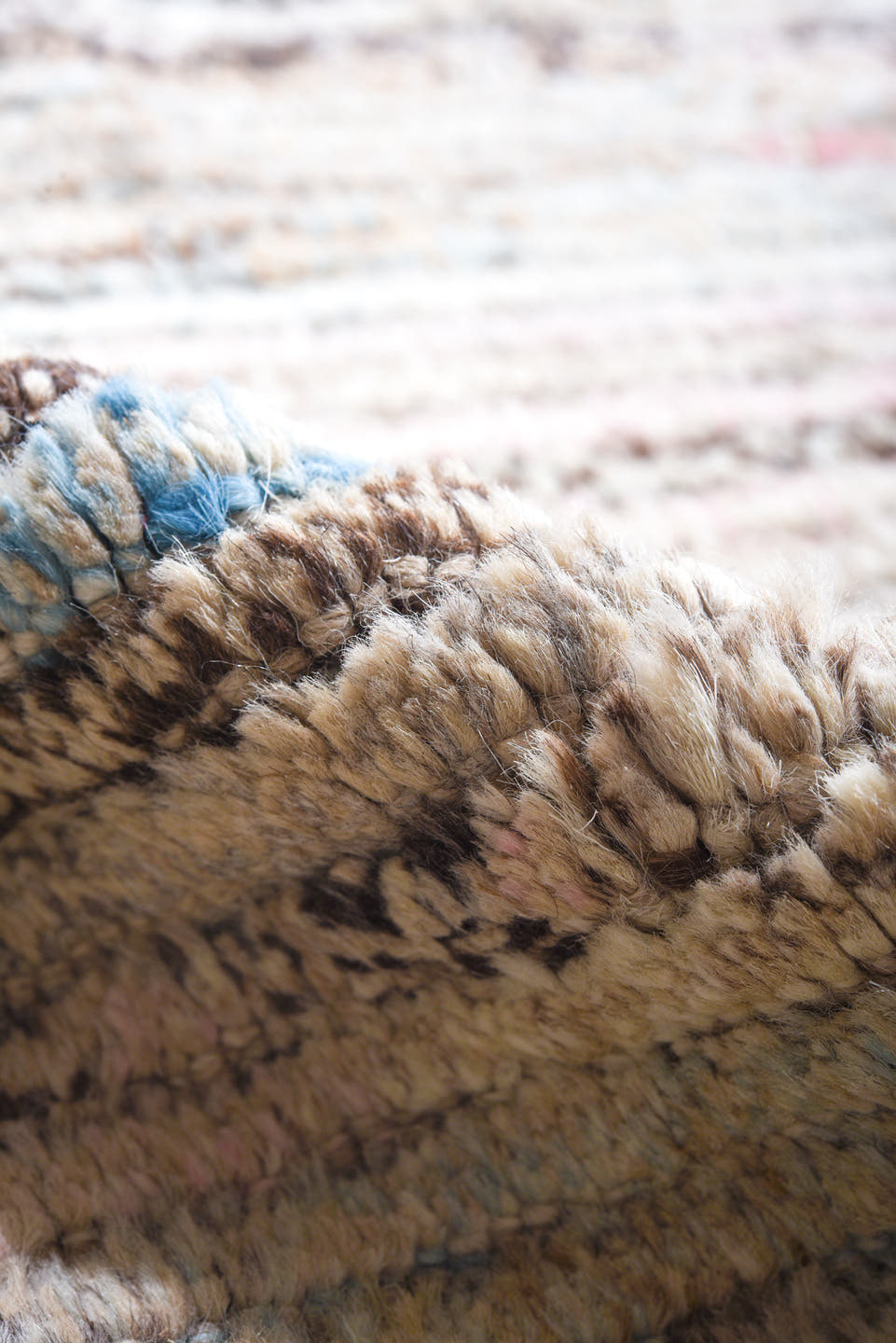 11' x 13' one-of-a-kind handmade vintage Tulu oversize rug. Color palette: ivory, taupe, charcoal, pale blue, blush, brown
