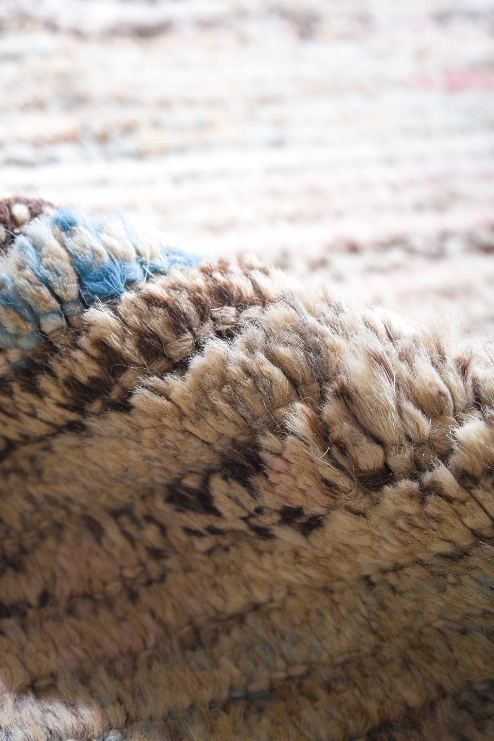 11' x 13' one-of-a-kind handmade vintage Tulu oversize rug. Color palette: ivory, taupe, charcoal, pale blue, blush, brown