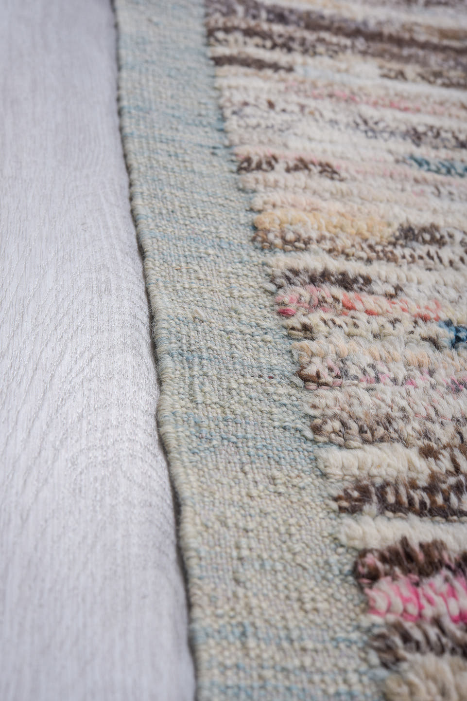 11' x 13' one-of-a-kind handmade vintage Tulu oversize rug. Color palette: ivory, taupe, charcoal, pale blue, blush, brown