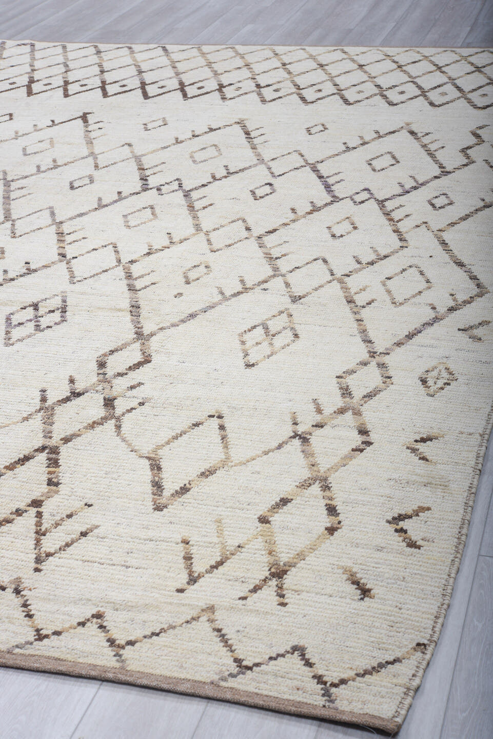 10' x 13' one-of-a-kind handmade vintage Tulu large size rug. Color palette: ivory, brown, taupe, camel, beige, gray