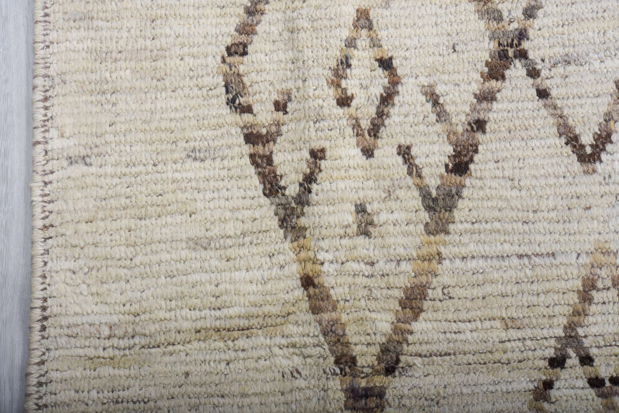 10' x 13' one-of-a-kind handmade vintage Tulu large size rug. Color palette: ivory, brown, taupe, camel, beige, gray