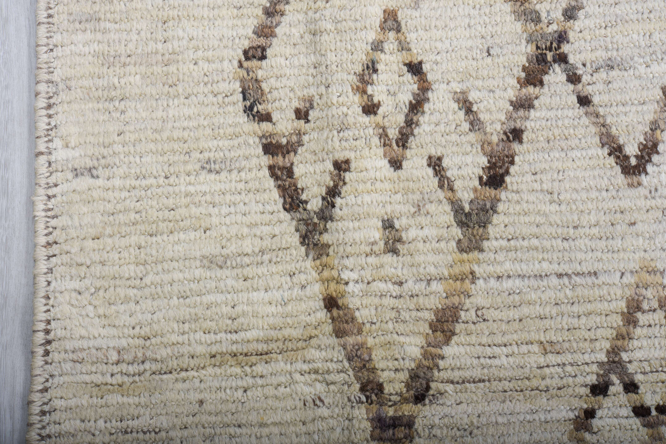 10' x 13' one-of-a-kind handmade vintage Tulu large size rug. Color palette: ivory, brown, taupe, camel, beige, gray