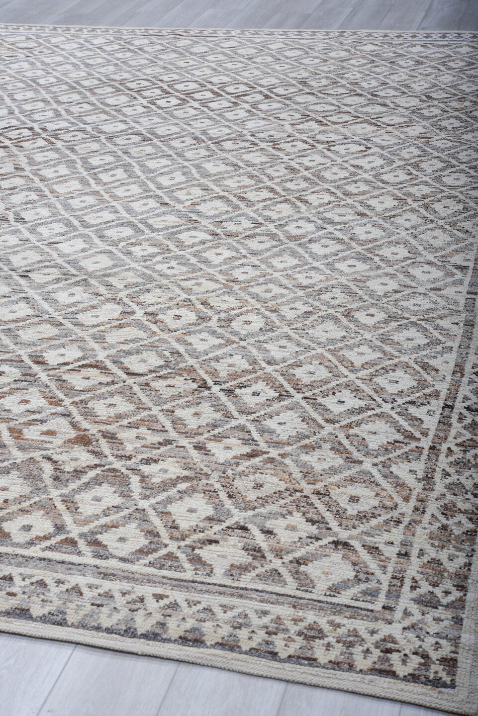 10' x 13' one-of-a-kind handmade vintage Tulu large size rug. Color palette: ivory, taupe, brown, gray, charcoal, cream