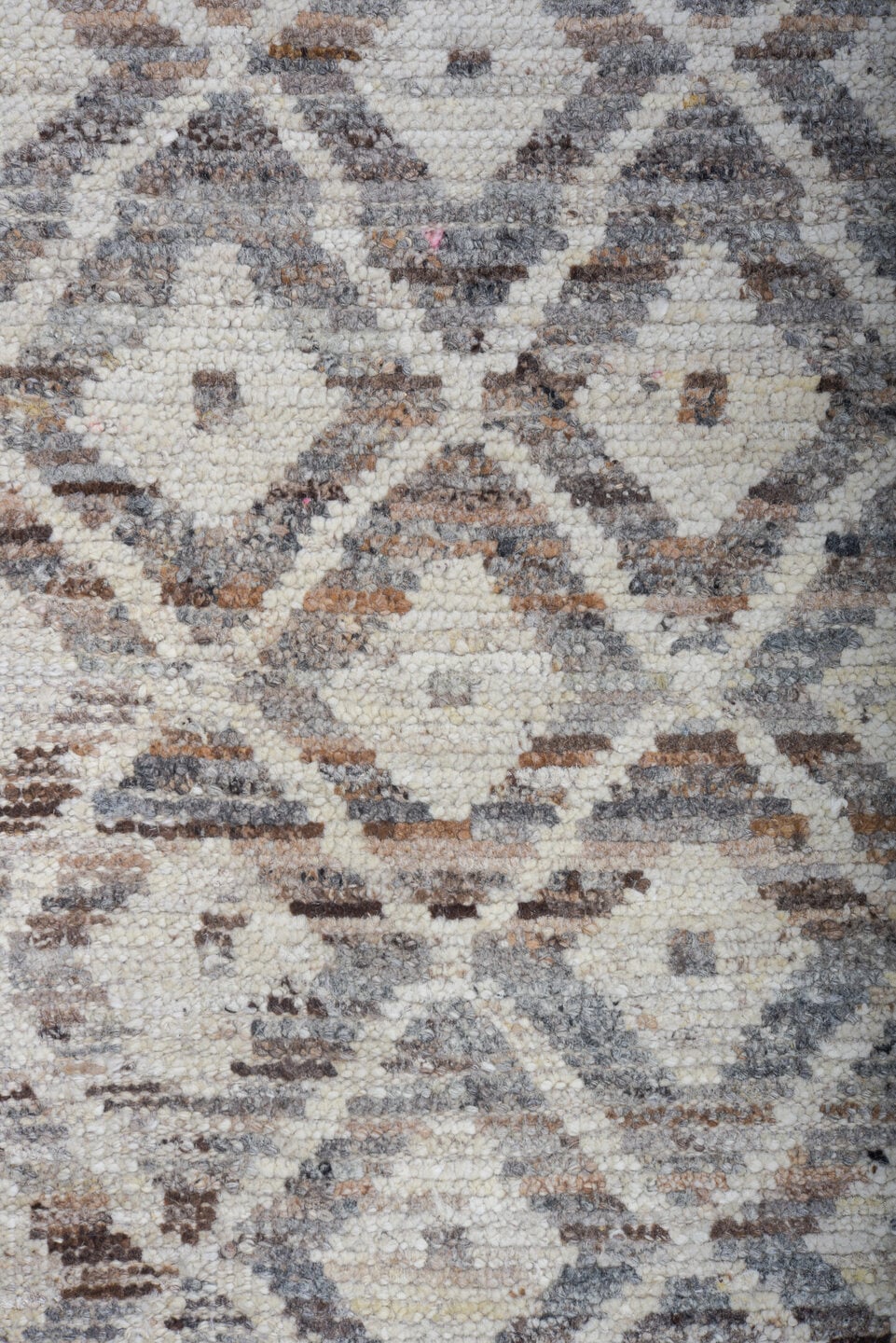 10' x 13' one-of-a-kind handmade vintage Tulu large size rug. Color palette: ivory, taupe, brown, gray, charcoal, cream