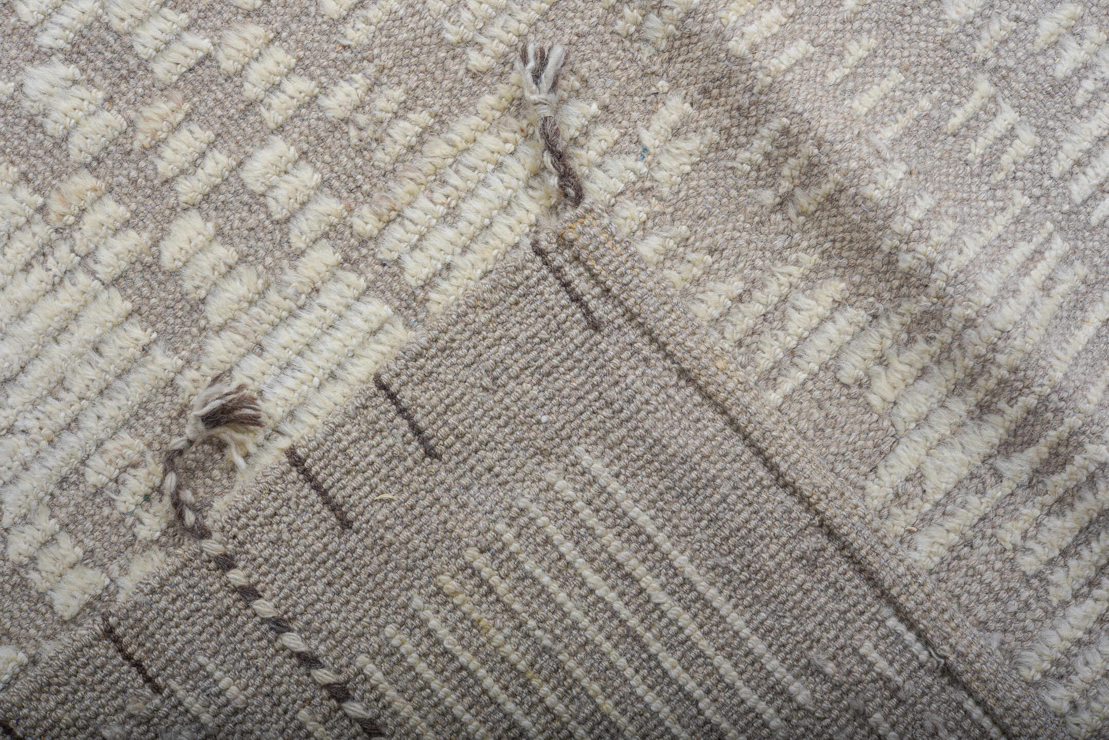 6' x 8' one-of-a-kind handmade vintage Tulu medium size rug. Color palette: ivory, taupe, greige, beige, gray