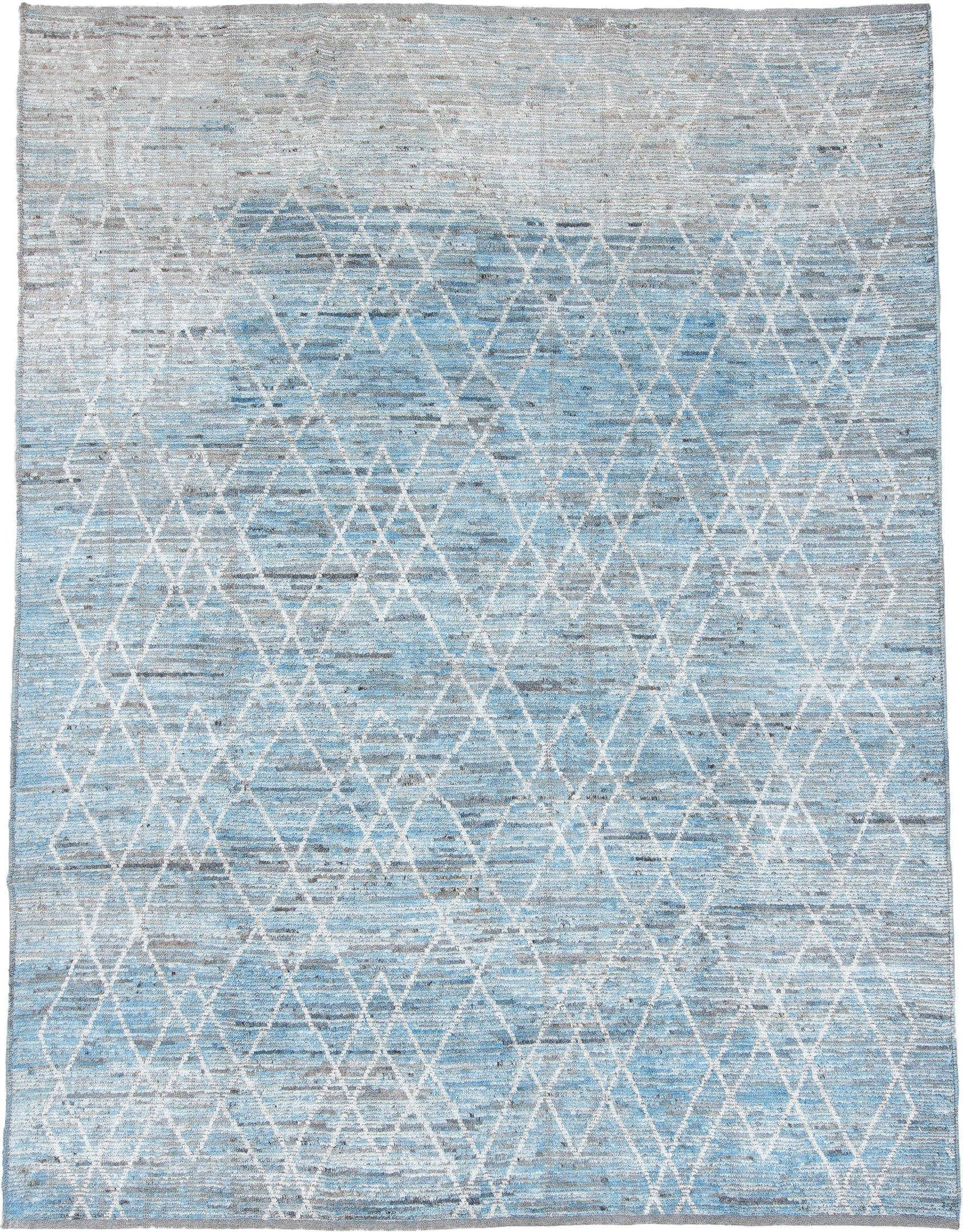 9' x 12' one-of-a-kind handmade vintage Tulu large size rug. Color palette: sky blue, ivory, silver, pale gray, light blue