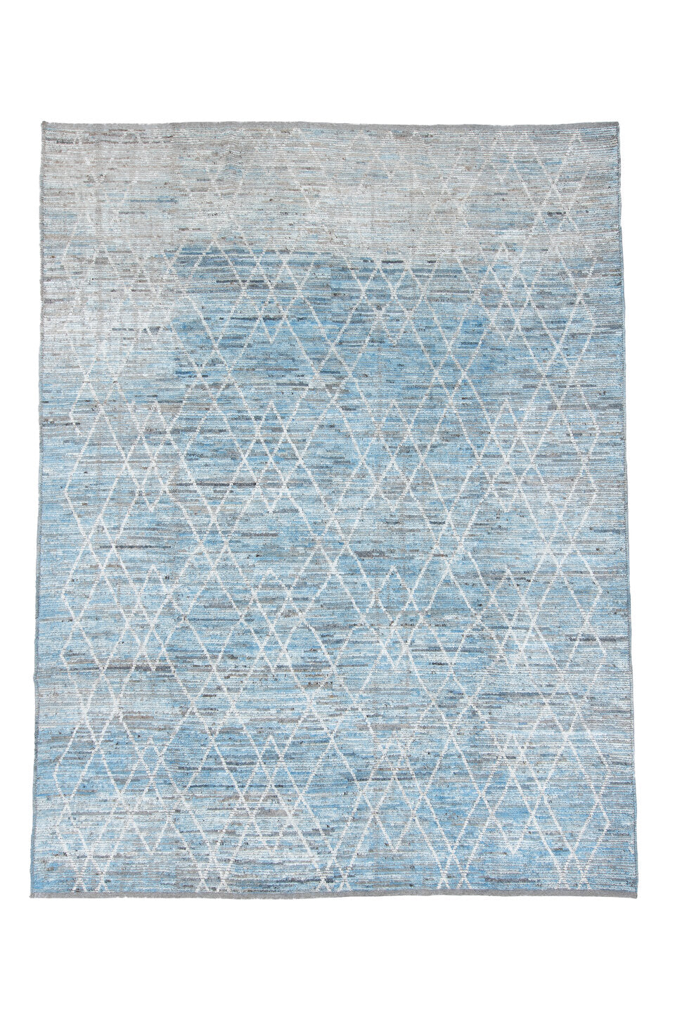 9' x 12' one-of-a-kind handmade vintage Tulu large size rug. Color palette: dark gray, gray, light blue, light gray