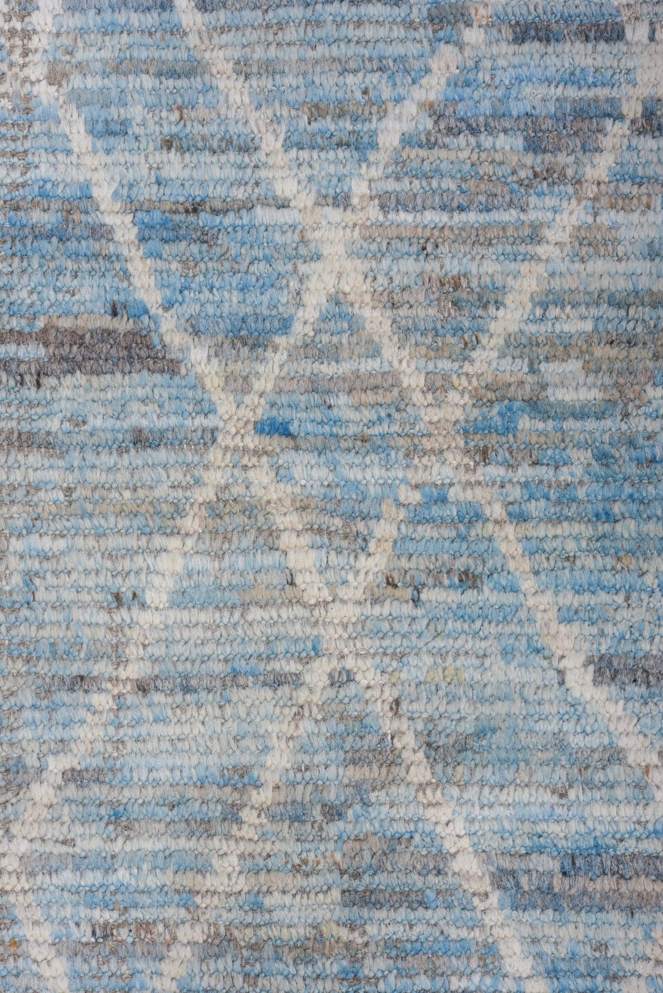 9' x 12' one-of-a-kind handmade vintage Tulu large size rug. Color palette: sky blue, ivory, silver, pale gray, light blue