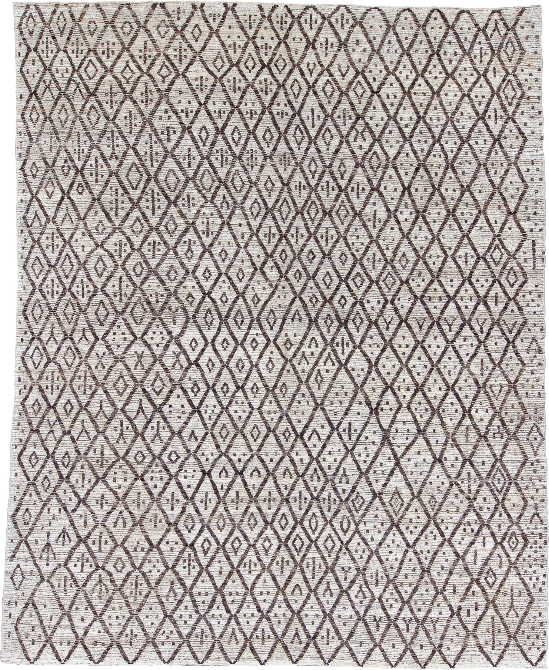 9' x 12' one-of-a-kind handmade vintage Tulu large size rug. Color palette: ivory, charcoal, taupe, brown, gray, black