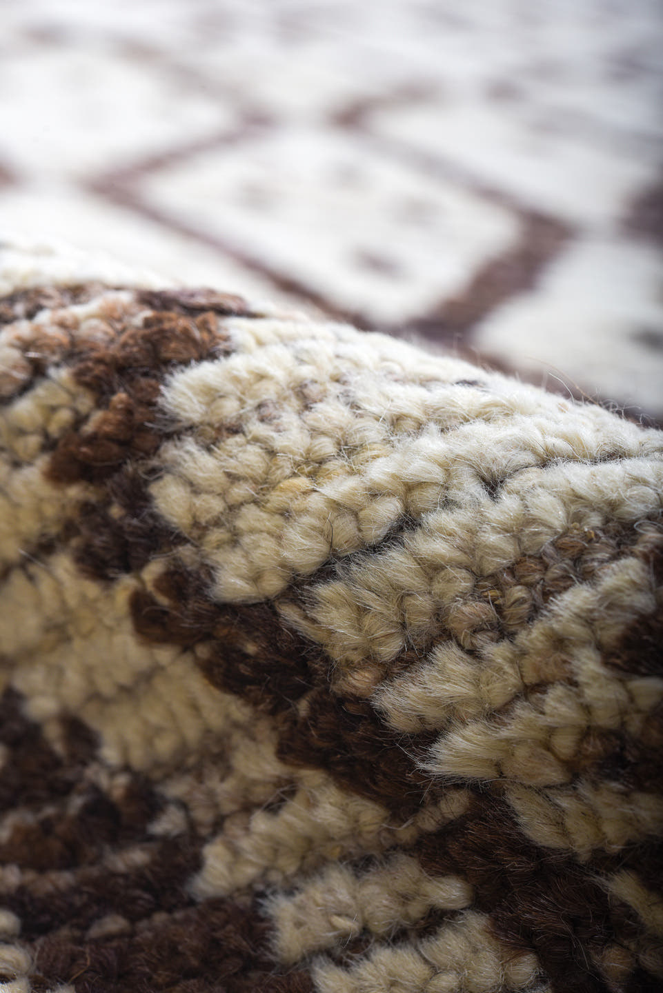 9' x 12' one-of-a-kind handmade vintage Tulu large size rug. Color palette: ivory, charcoal, taupe, brown, gray, black