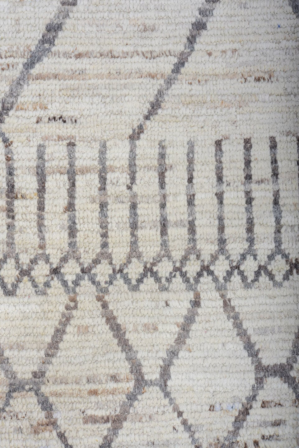 6' x 9' one-of-a-kind handmade vintage Tulu medium size rug. Color palette: ivory, charcoal, taupe, camel, gray, black