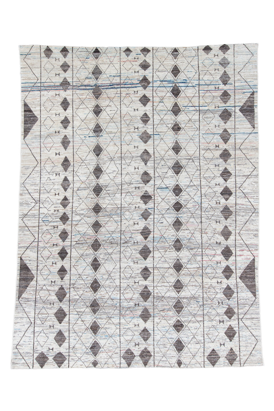 10' x 13' one-of-a-kind handmade vintage Tulu large size rug. Color palette: blue, dark gray, gainsboro, gray, light gray
