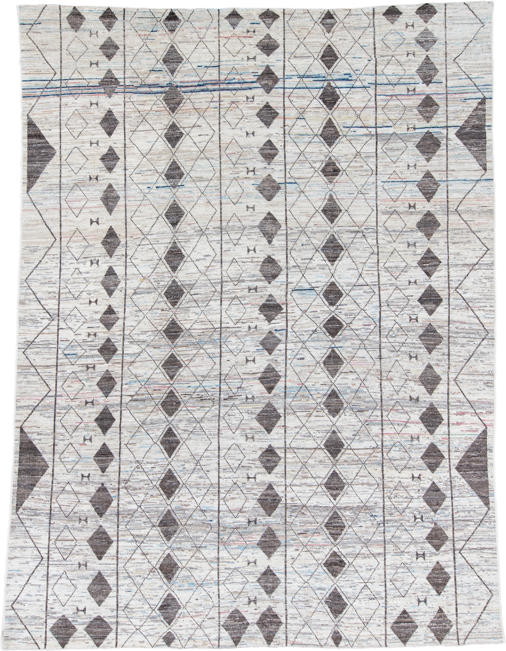 10' x 13' one-of-a-kind handmade vintage Tulu large size rug. Color palette: ivory, charcoal, sky_blue, taupe, blush, gray