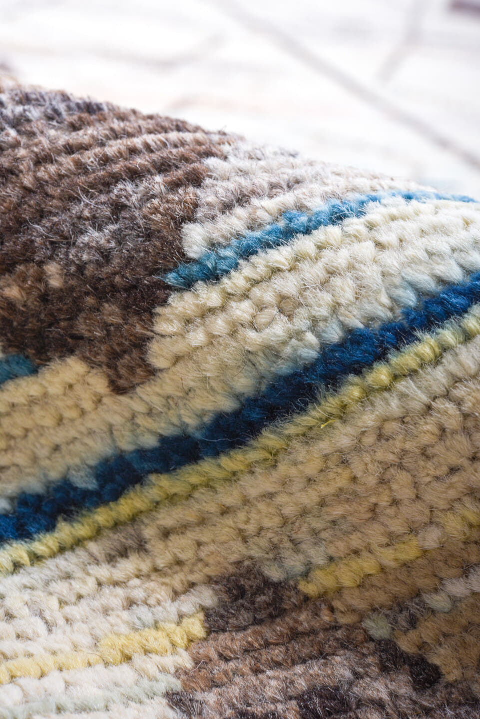 10' x 13' one-of-a-kind handmade vintage Tulu large size rug. Color palette: ivory, charcoal, sky_blue, taupe, blush, gray