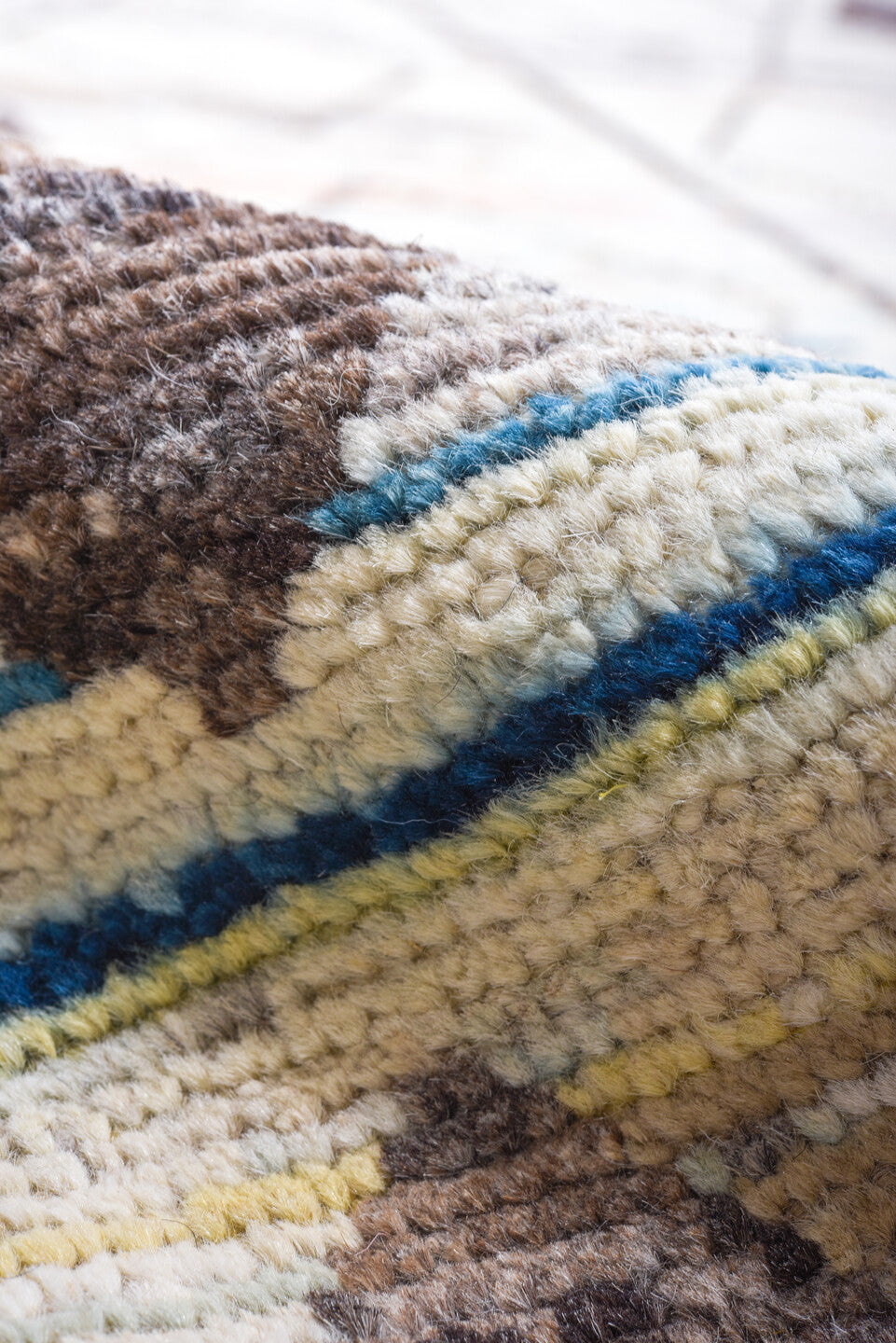 10' x 13' one-of-a-kind handmade vintage Tulu large size rug. Color palette: ivory, charcoal, sky_blue, taupe, blush, gray