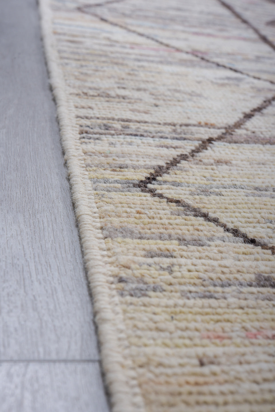 10' x 13' one-of-a-kind handmade vintage Tulu large size rug. Color palette: ivory, charcoal, sky_blue, taupe, blush, gray