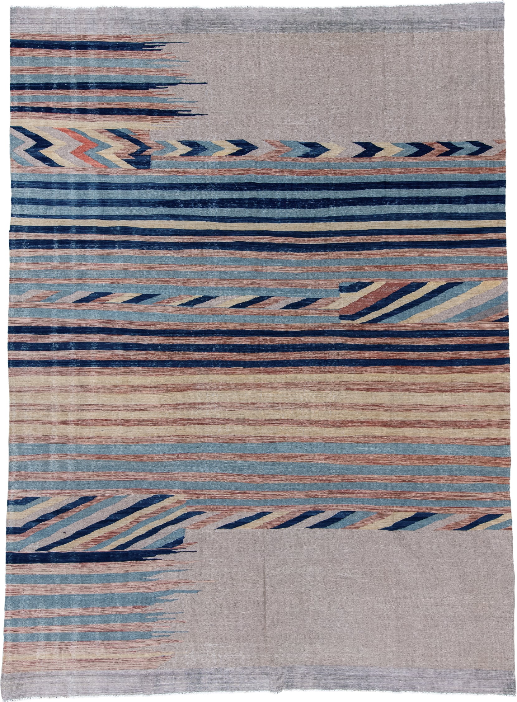 9' x 12' one-of-a-kind handmade vintage Kilim large size rug. Color palette: taupe, sky blue, navy, blush, ivory, beige