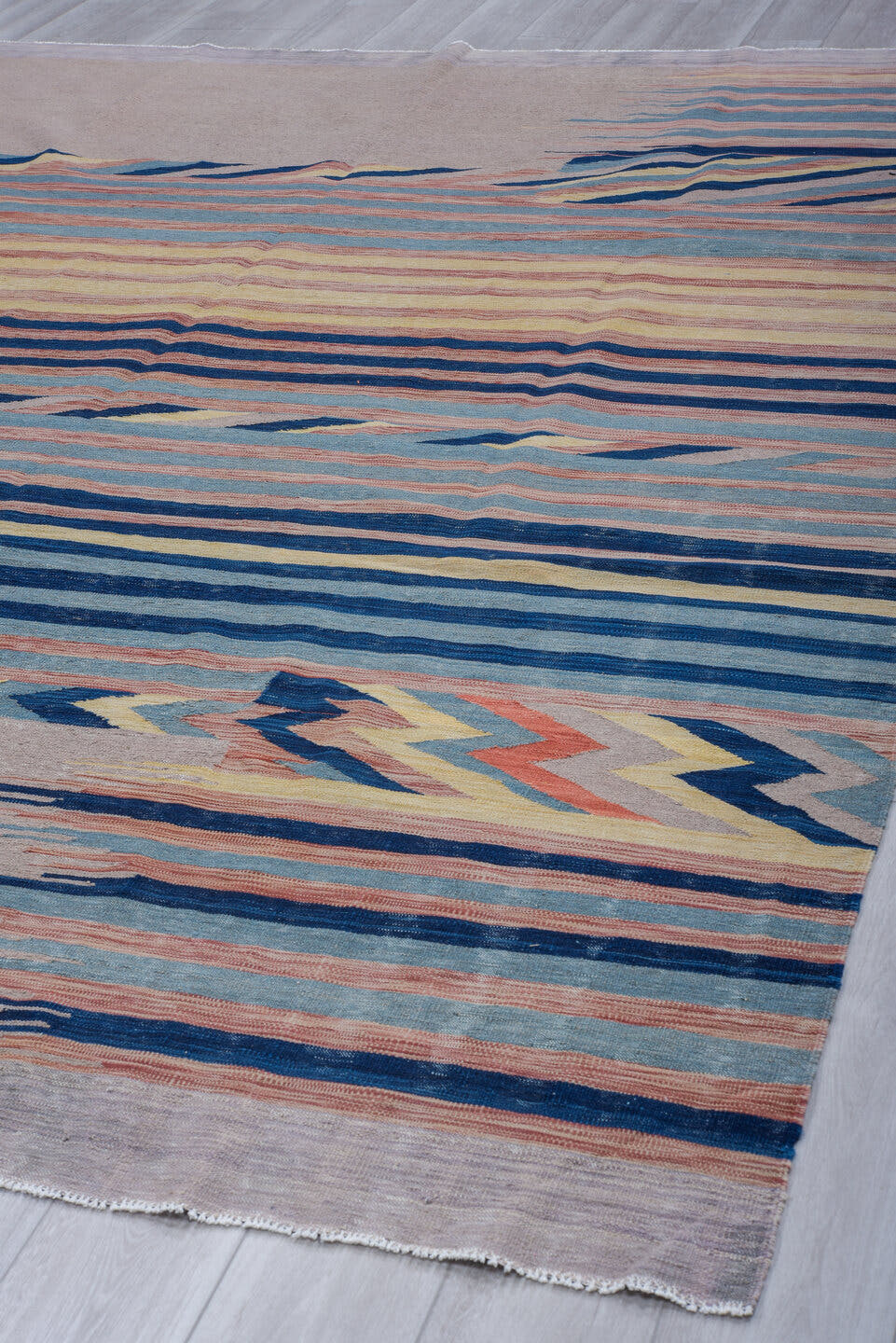 9' x 12' one-of-a-kind handmade vintage Kilim large size rug. Color palette: taupe, sky blue, navy, blush, ivory, beige