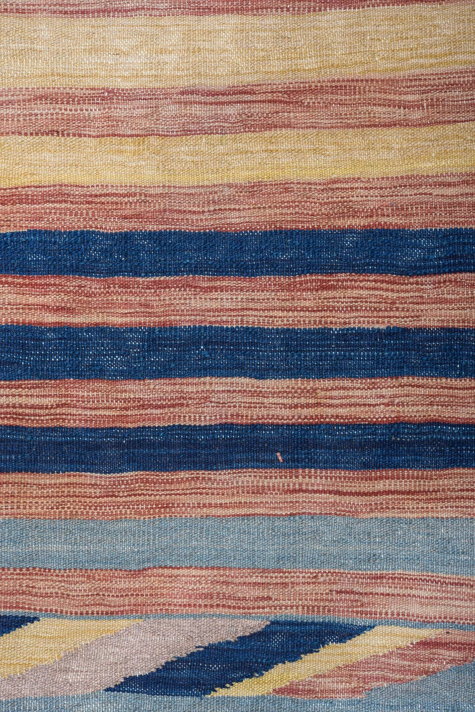 9' x 12' one-of-a-kind handmade vintage Kilim large size rug. Color palette: taupe, sky blue, navy, blush, ivory, beige