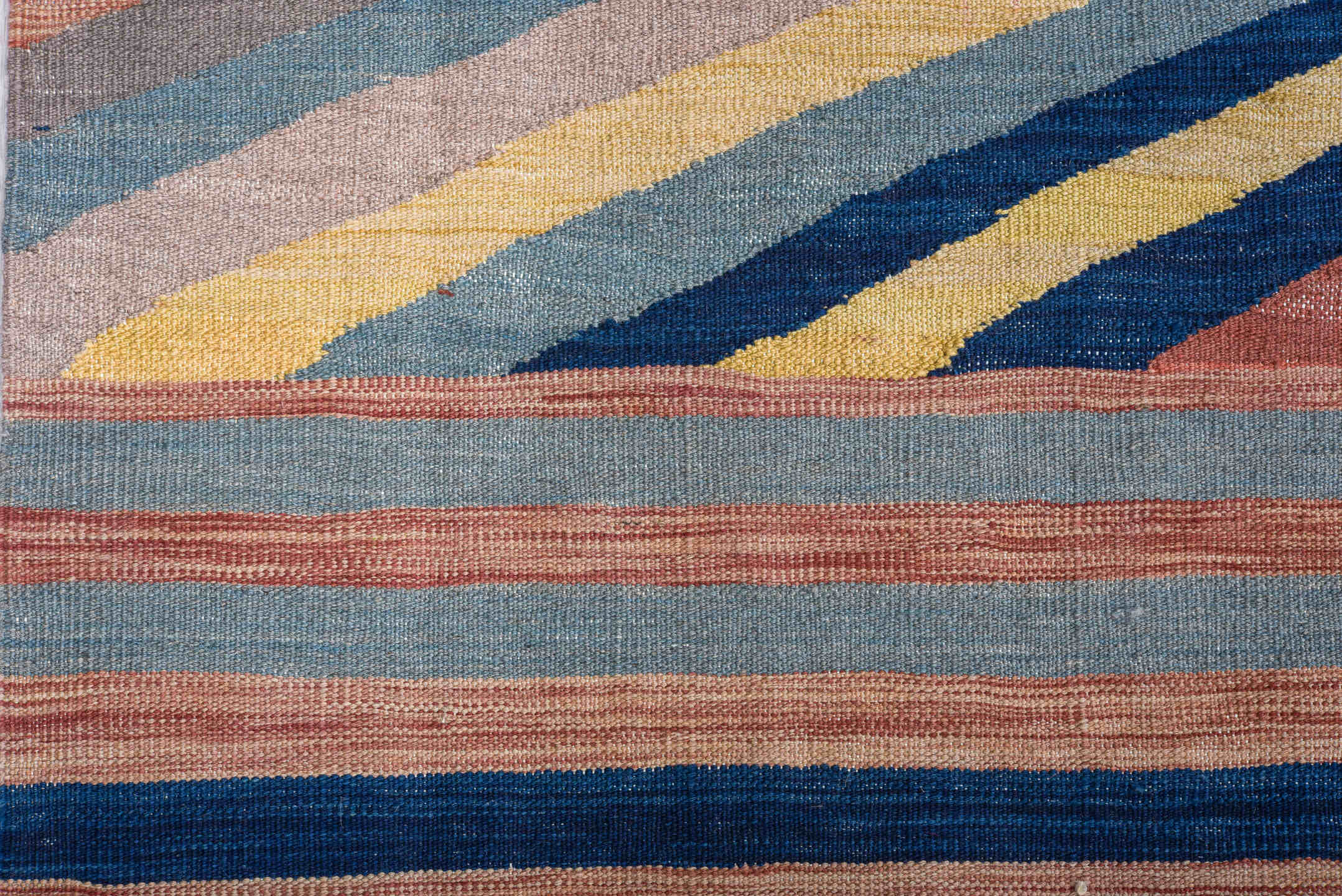 9' x 12' one-of-a-kind handmade vintage Kilim large size rug. Color palette: taupe, sky blue, navy, blush, ivory, beige