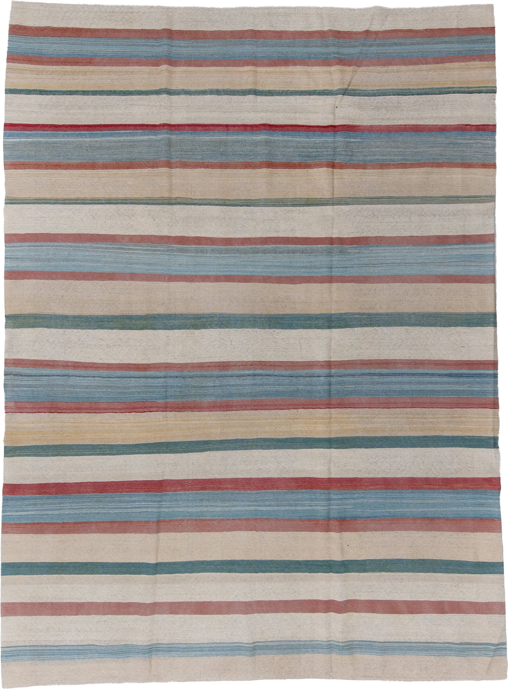 8' x 12' one-of-a-kind handmade vintage Kilim large size rug. Color palette: ivory, sky blue, rose, teal, pale gold, beige
