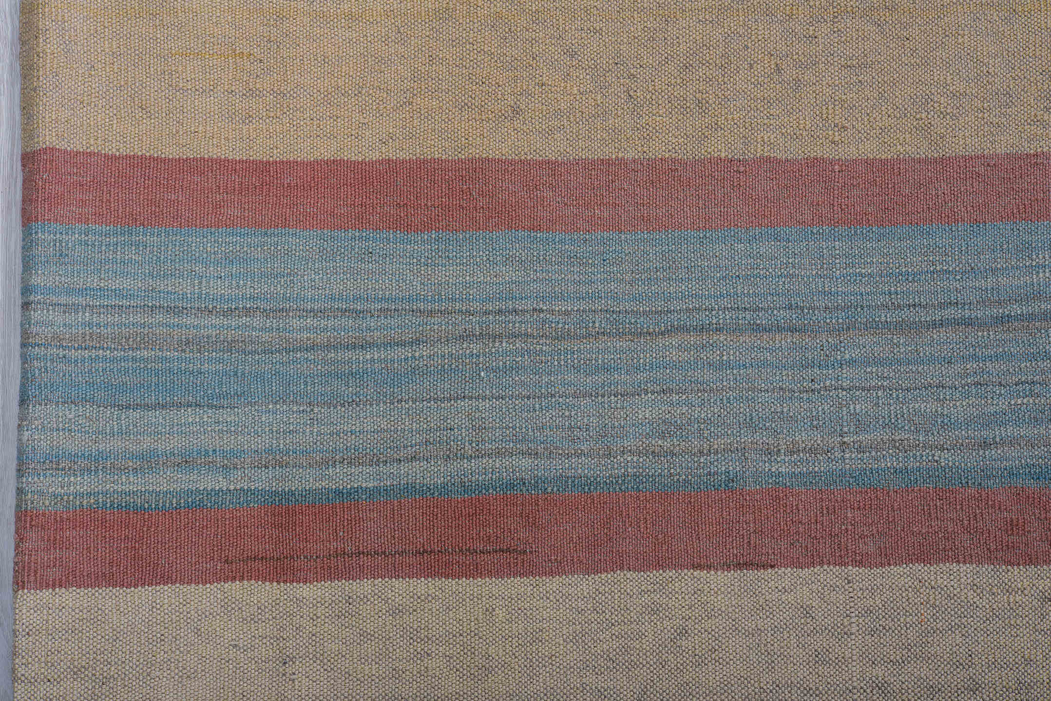 8' x 12' one-of-a-kind handmade vintage Kilim large size rug. Color palette: ivory, sky blue, rose, teal, pale gold, beige