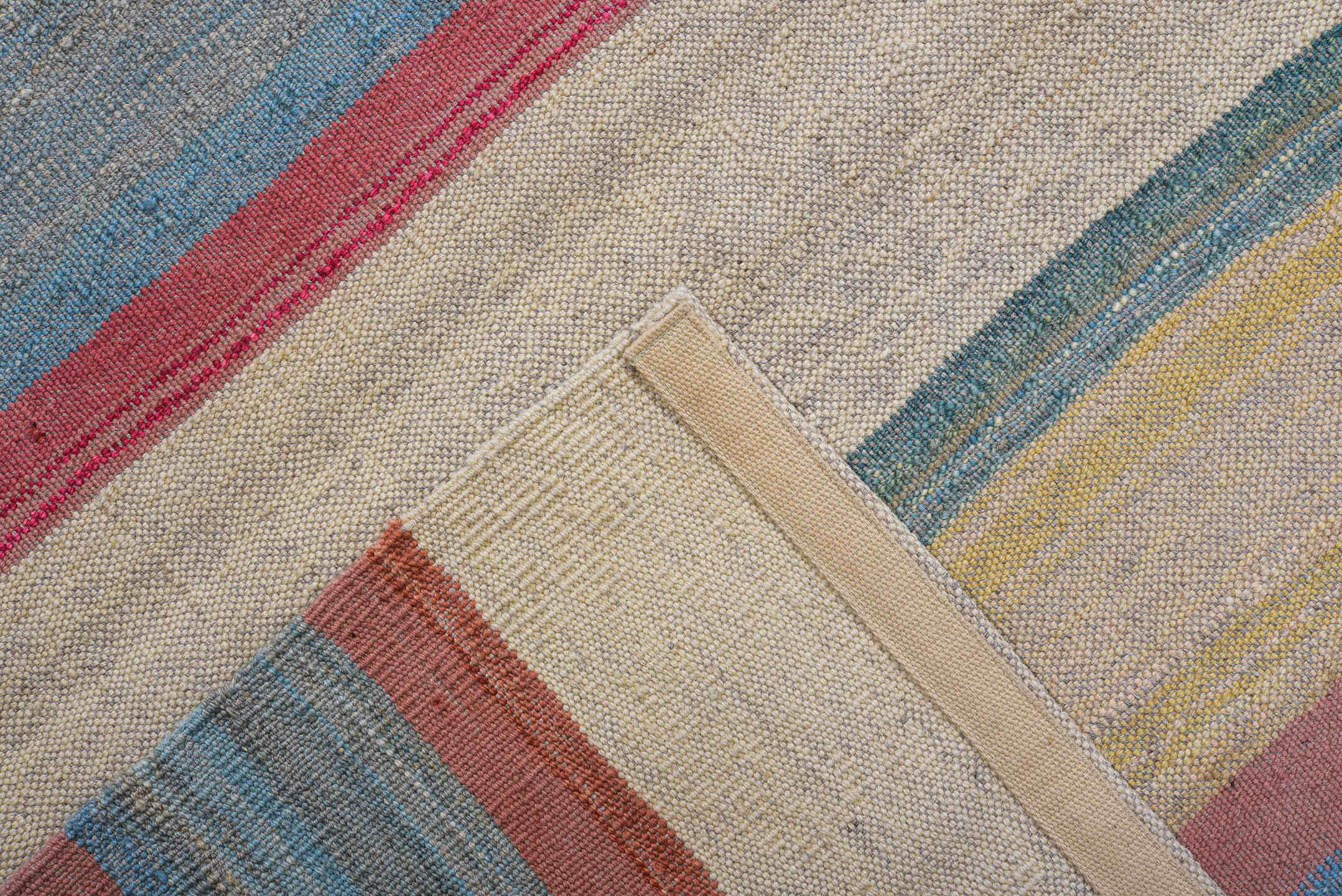 8' x 12' one-of-a-kind handmade vintage Kilim large size rug. Color palette: ivory, sky blue, rose, teal, pale gold, beige