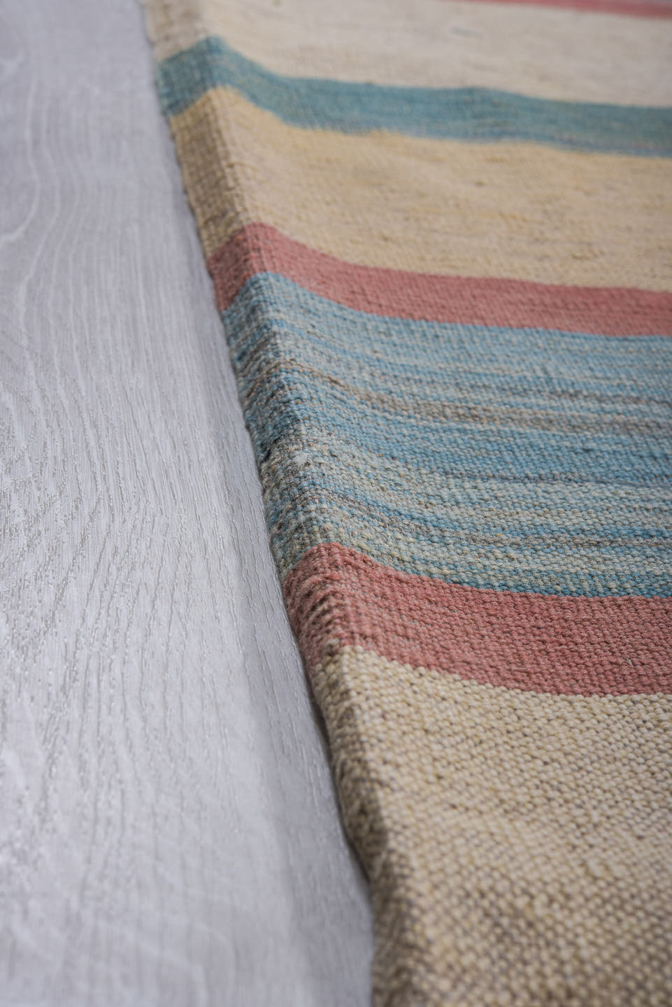 8' x 12' one-of-a-kind handmade vintage Kilim large size rug. Color palette: ivory, sky blue, rose, teal, pale gold, beige