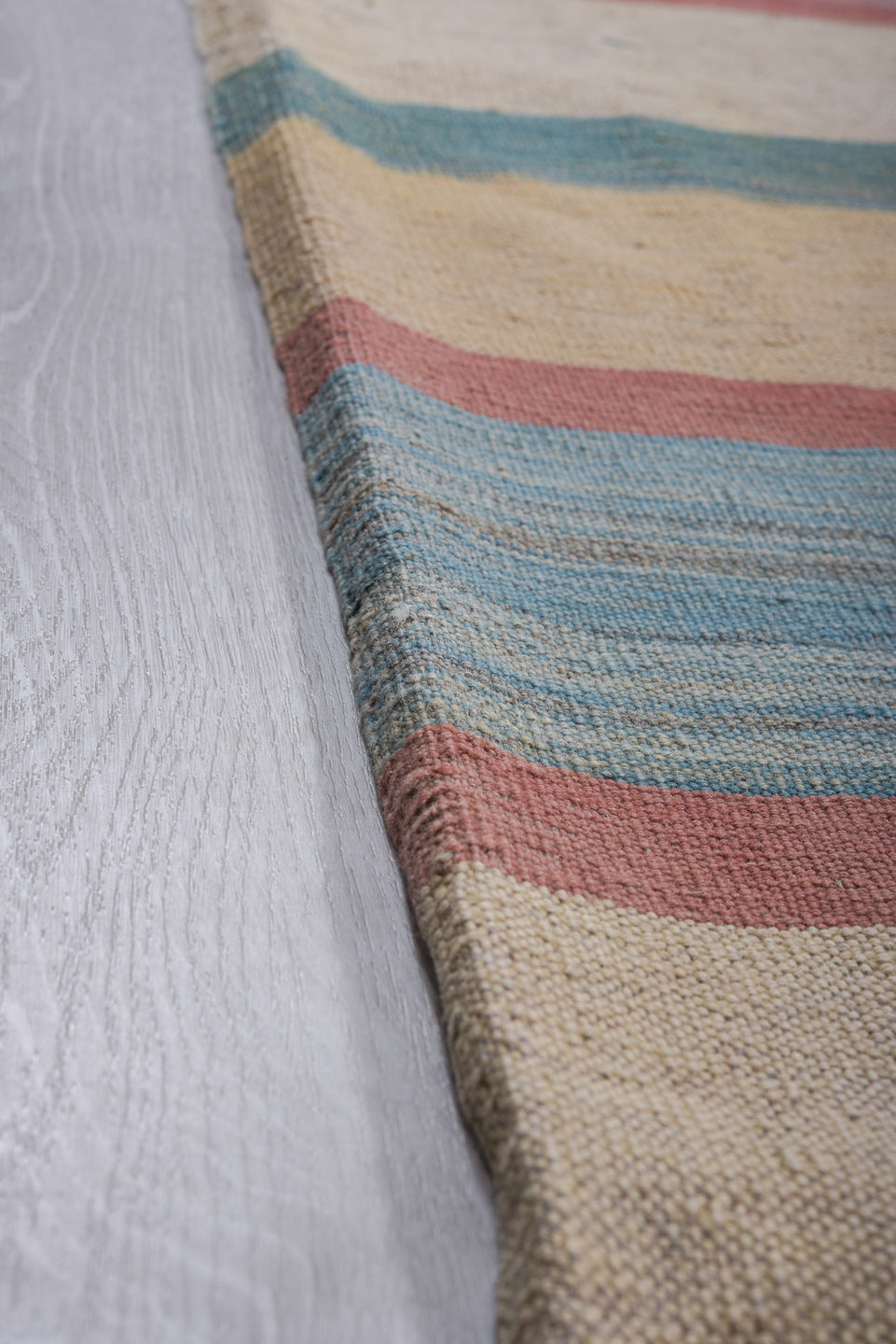 8' x 12' one-of-a-kind handmade vintage Kilim large size rug. Color palette: ivory, sky blue, rose, teal, pale gold, beige