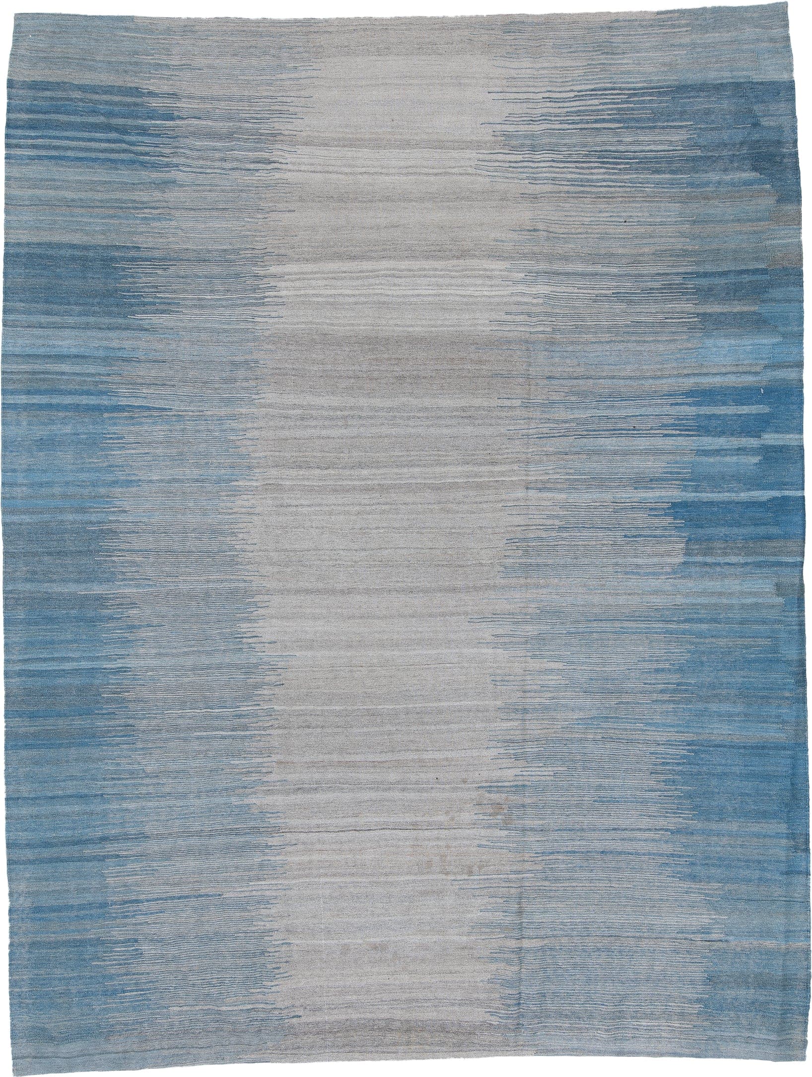 8' x 12' one-of-a-kind handmade vintage Kilim large size rug. Color palette: sky blue, ivory, slate, pale blue, gray