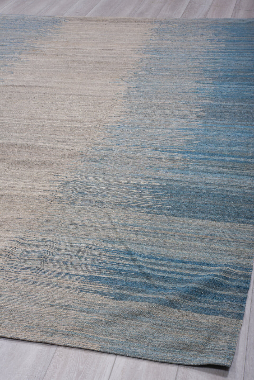 8' x 12' one-of-a-kind handmade vintage Kilim large size rug. Color palette: sky blue, ivory, slate, pale blue, gray
