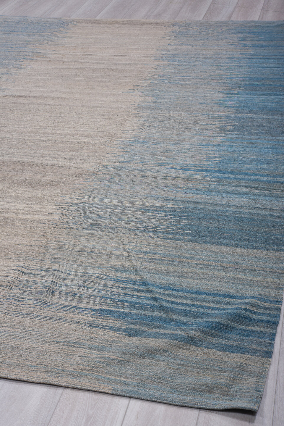 8' x 12' one-of-a-kind handmade vintage Kilim large size rug. Color palette: sky blue, ivory, slate, pale blue, gray