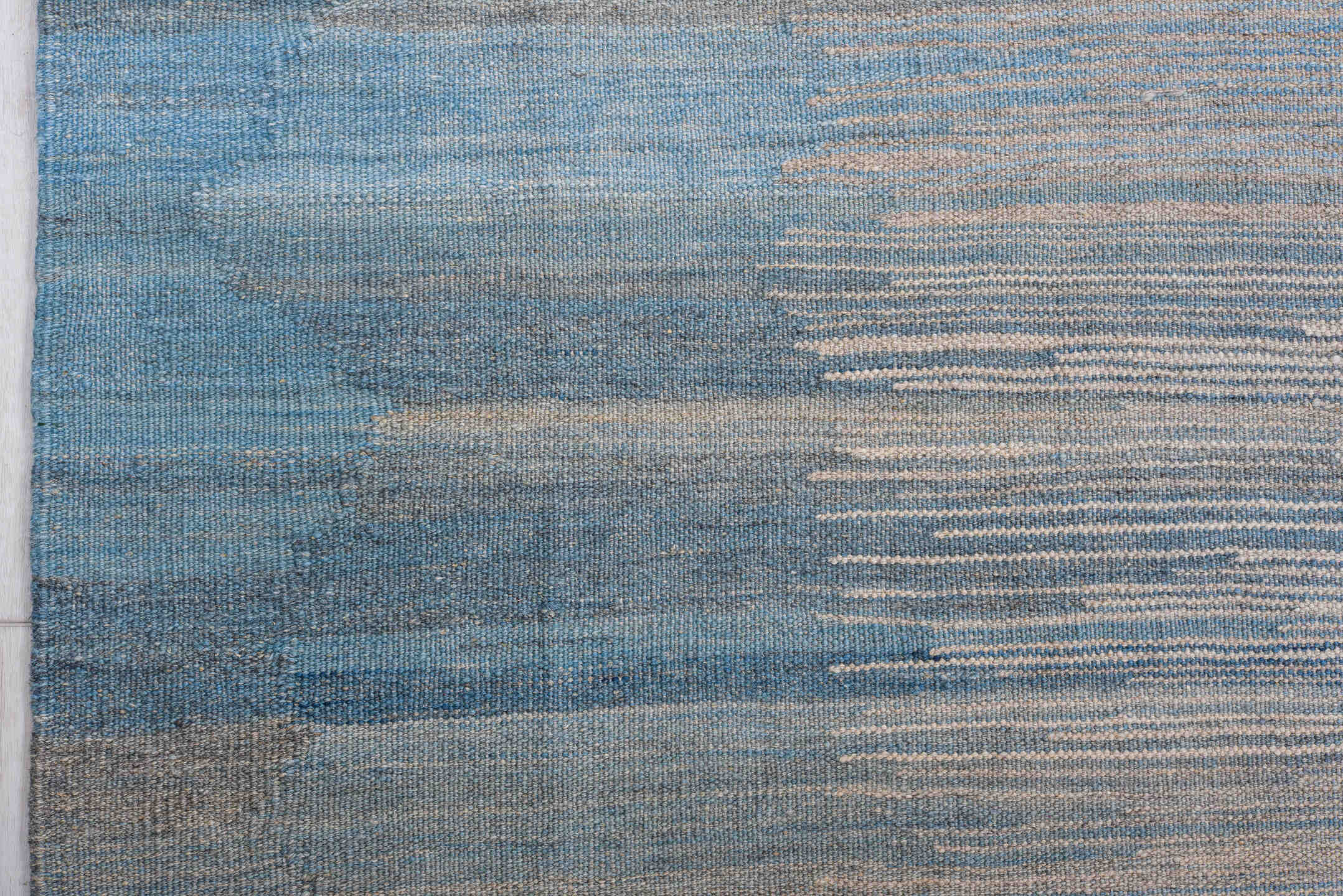 8' x 12' one-of-a-kind handmade vintage Kilim large size rug. Color palette: sky blue, ivory, slate, pale blue, gray