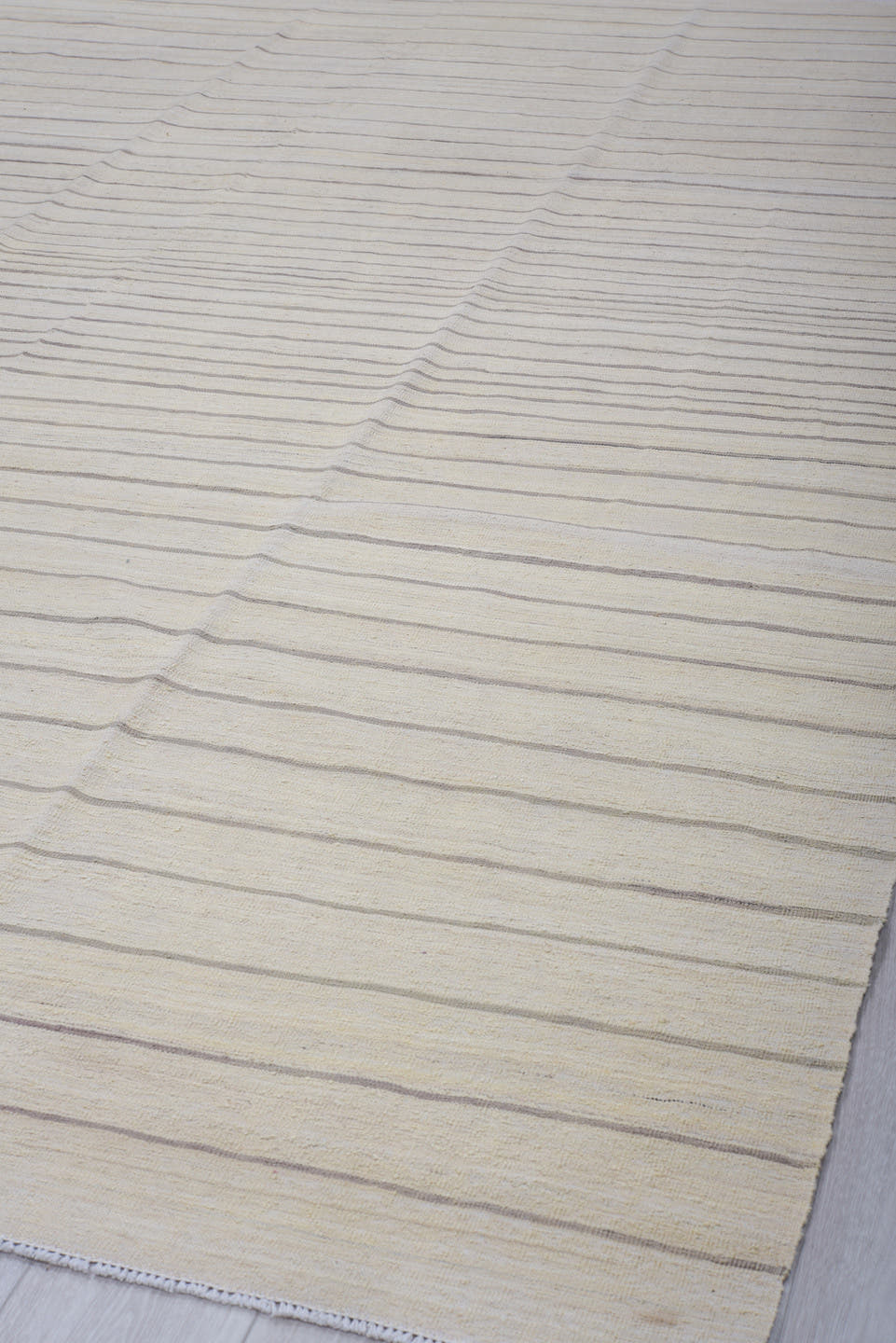 8' x 12' one-of-a-kind handmade vintage Kilim large size rug. Color palette: ivory, taupe, charcoal, cream, beige, gray
