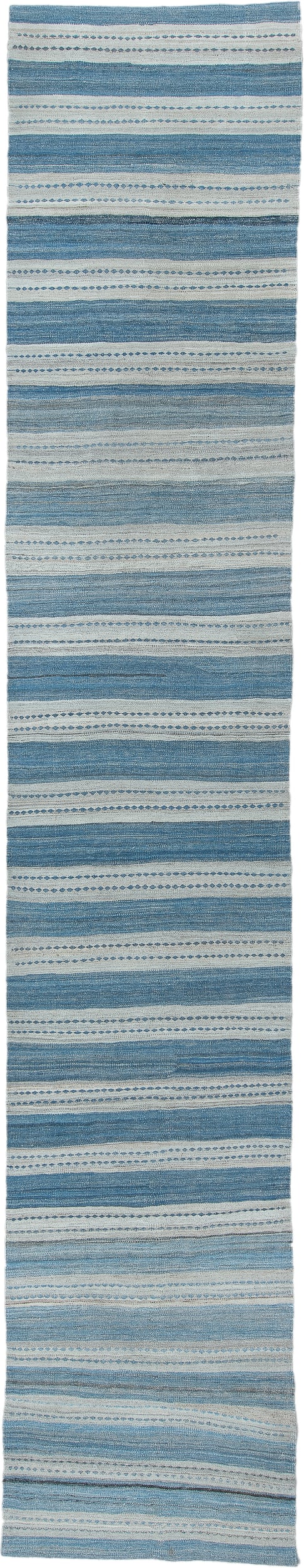 3' x 16' one-of-a-kind handmade vintage Kilim runner rug. Color palette: sky blue, ivory, slate, powder blue, light blue
