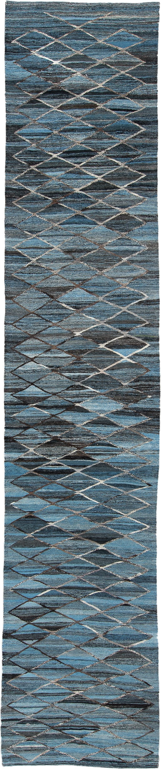3' x 16' one-of-a-kind handmade vintage Kilim runner rug. Color palette: blue, charcoal, ivory, slate, sky blue, black, gray