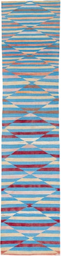 2' x 12' one-of-a-kind handmade vintage Kilim runner rug. Color palette: turquoise, ivory, sky_blue, crimson, blush, taupe
