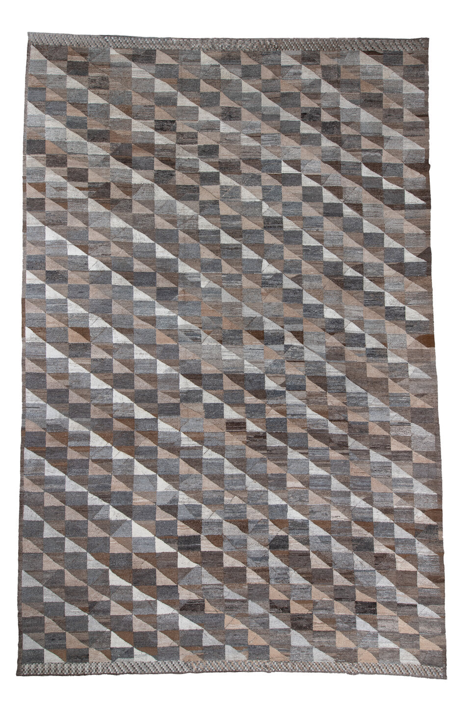 13' x 20' one-of-a-kind handmade vintage Tulu oversize rug. Color palette: black, blue, brown, charcoal, dark gray