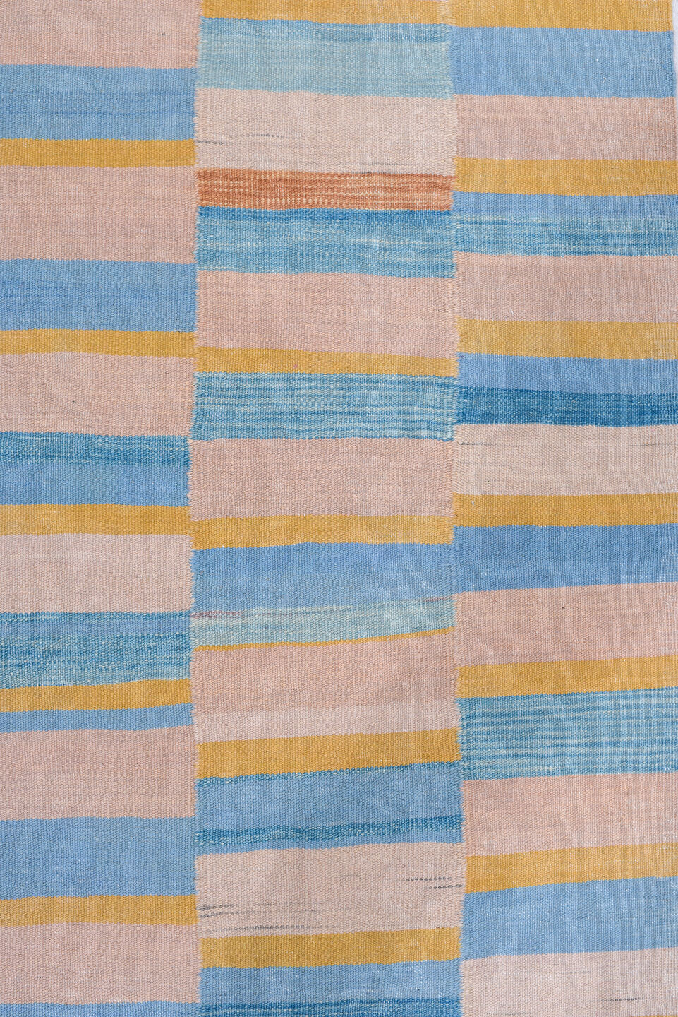 2' x 6' one-of-a-kind handmade vintage Kilim runner rug. Color palette: blush, sky blue, gold, ivory, pink, light blue