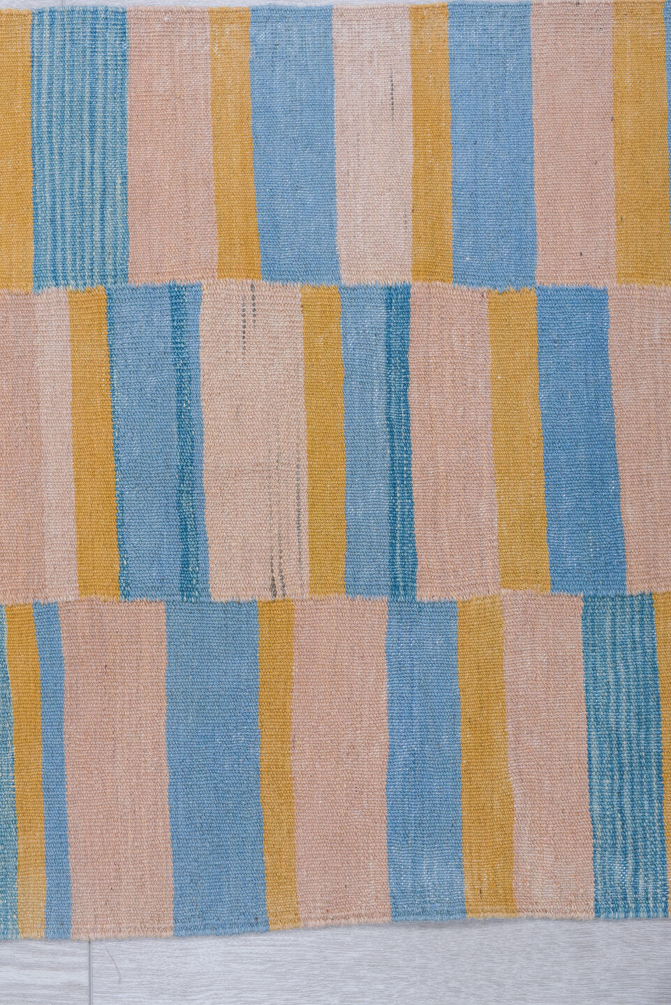 2' x 6' one-of-a-kind handmade vintage Kilim runner rug. Color palette: blush, sky blue, gold, ivory, pink, light blue