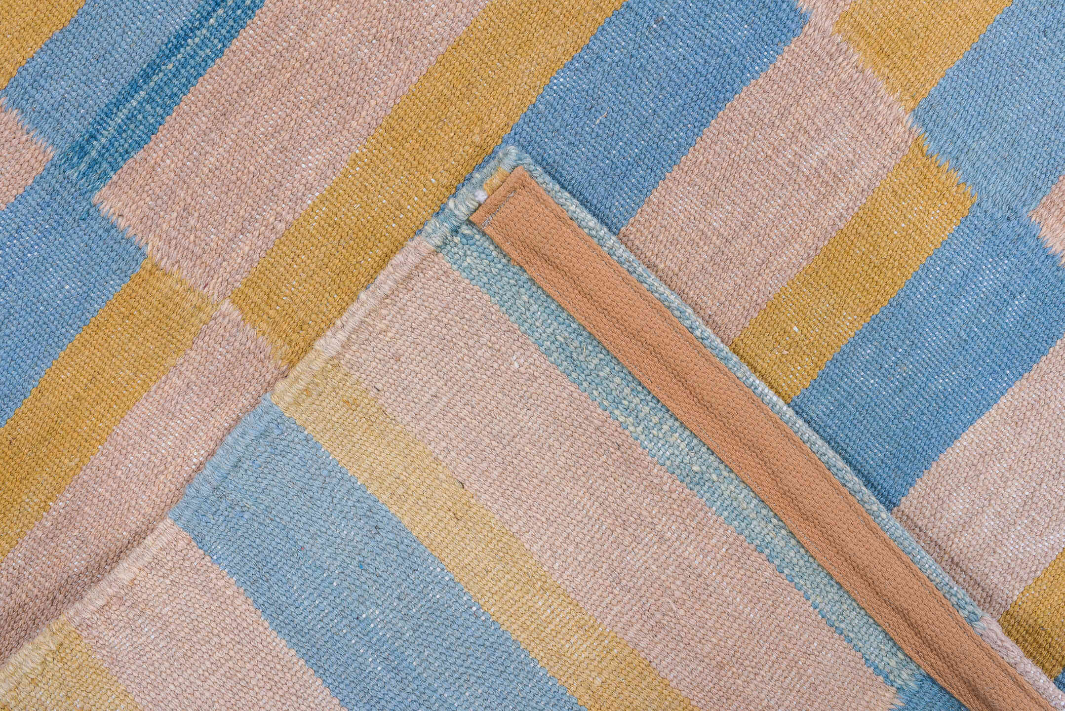 2' x 6' one-of-a-kind handmade vintage Kilim runner rug. Color palette: blue, brown, gray, light blue, light gray, off-white