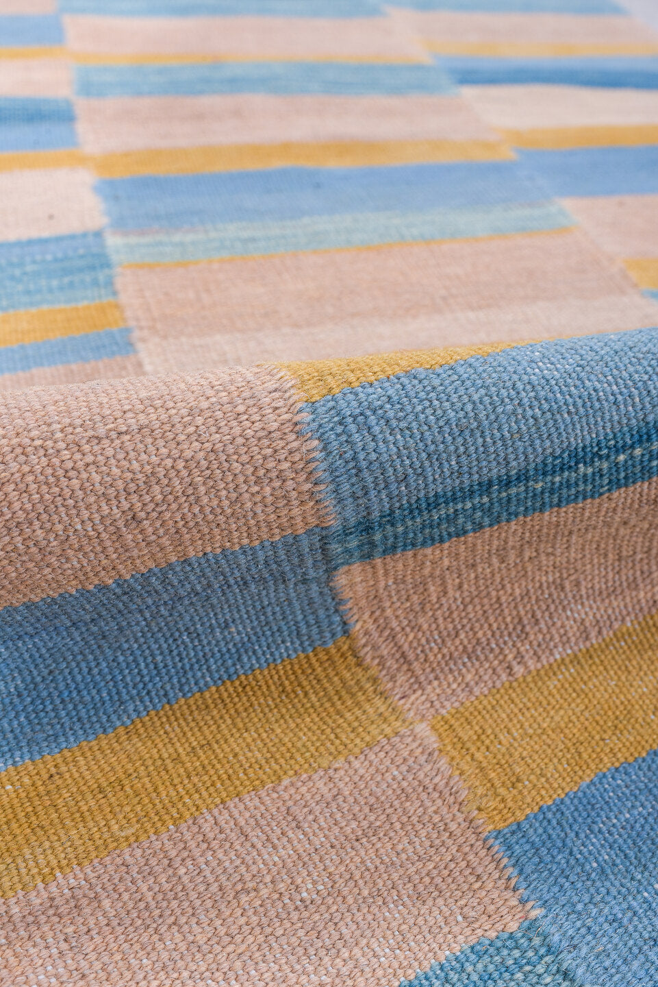 2' x 6' one-of-a-kind handmade vintage Kilim runner rug. Color palette: blue, brown, gray, light blue, light gray, off-white