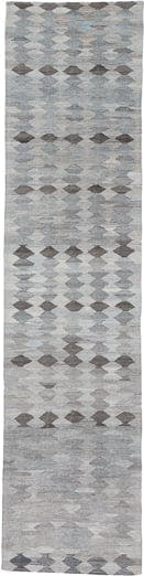 3' x 12' one-of-a-kind handmade vintage Kilim runner rug. Color palette: gray, ivory, taupe, charcoal, slate, beige, black