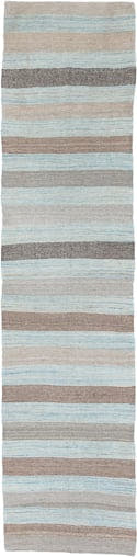 3' x 12' one-of-a-kind handmade vintage Kilim runner rug. Color palette: sky blue, taupe, gray, ivory, light blue, beige