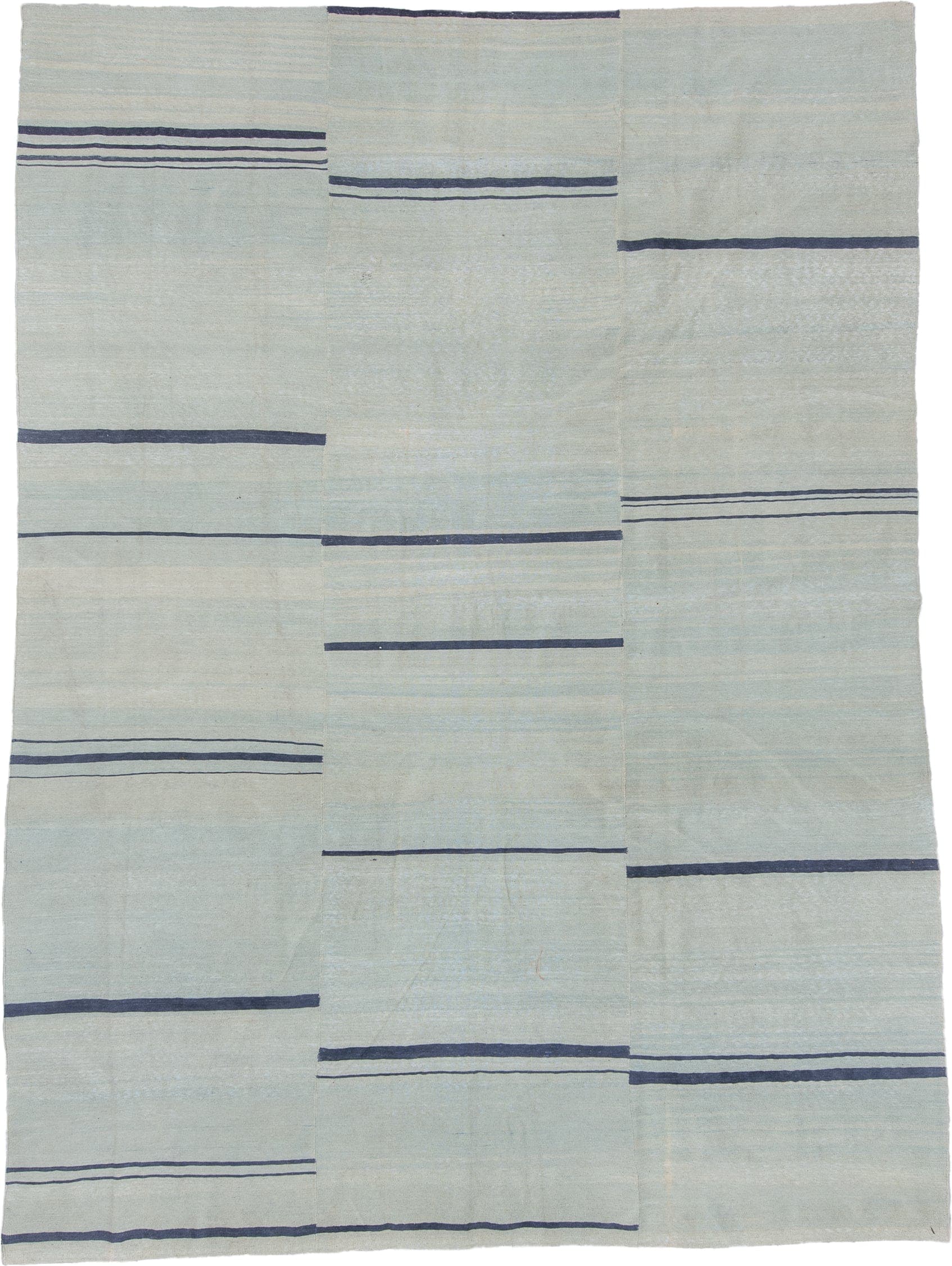 9' x 12' one-of-a-kind handmade vintage Kilim large size rug. Color palette: pale blue, indigo, ivory, light blue, purple